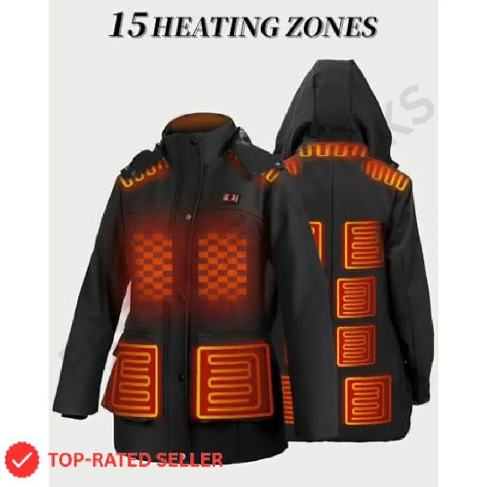 Heated Winter Coat with Detachable Hood Long Jacket Warm Tech Chic